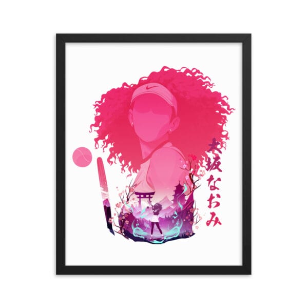 Naomi Osaka framed poster, 16 by 20 inches showing beautiful anime style graphic, black frame