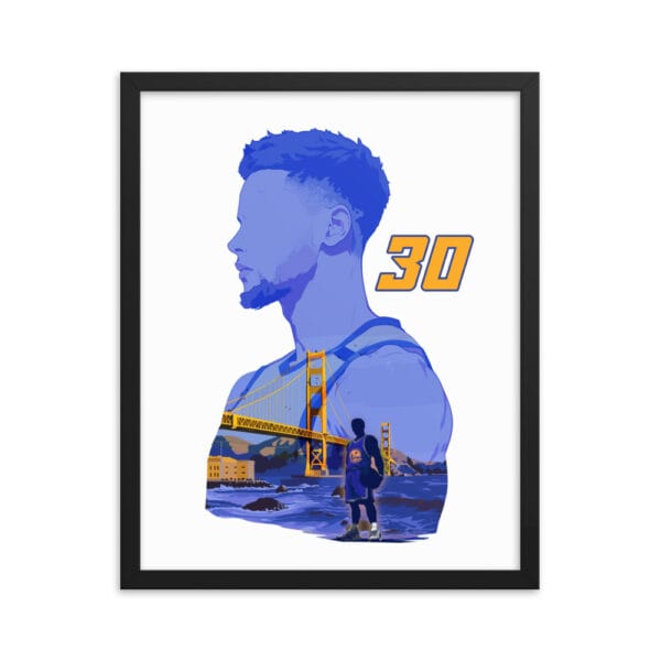 Steph Curry framed poster with black frame, 16 by 20 inches, of Curry silhouette filled in with Golden Gate Bridge and Steph Curry