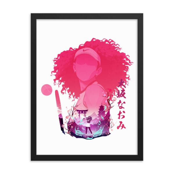 Naomi Osaka framed poster, 18 by 24 inches showing beautiful anime style graphic, black frame