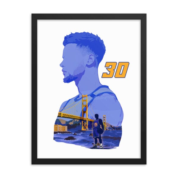 Steph Curry framed poster with black frame, 18 by 24 inches, of Curry silhouette filled in with Golden Gate Bridge and Steph Curry