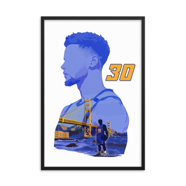 Steph Curry framed poster with black frame, 24 by 26 inches, of Curry silhouette filled in with Golden Gate Bridge and Steph Curry