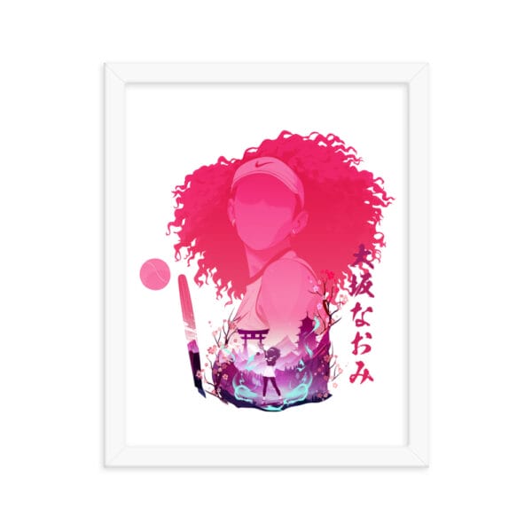 Naomi Osaka framed poster, 11 by 14 inches showing beautiful anime style graphic, white frame