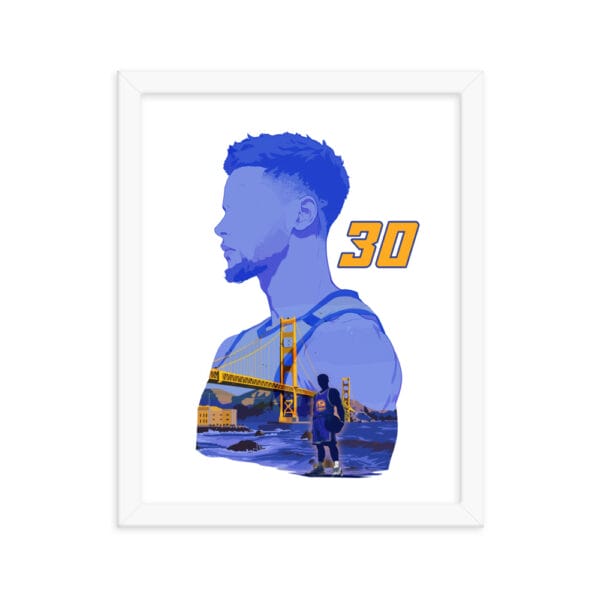 White framed 11 by 14 inches poster of Steph Curry silhouette with the Golden Gate bridge and Curry inside