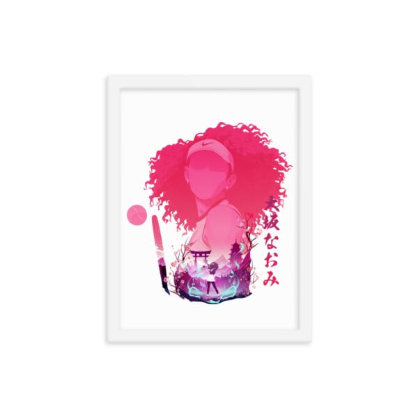 Naomi Osaka framed poster, 12 by 16 inches showing beautiful anime style graphic, white frame