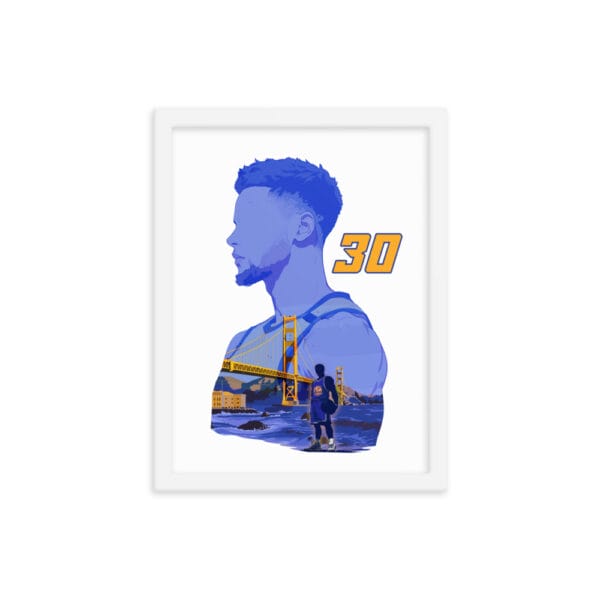 White framed 12 by 16 inches poster of Steph Curry silhouette with the Golden Gate bridge and Curry inside