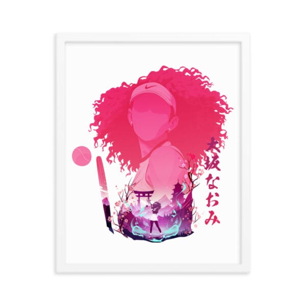 Naomi Osaka framed poster, 16 by 20 inches showing beautiful anime style graphic, white frame