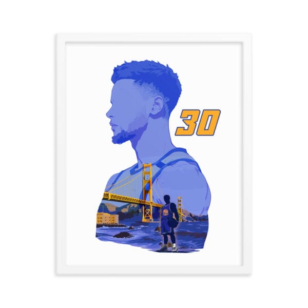 White framed 16 by 20 inches poster of Steph Curry silhouette with the Golden Gate bridge and Curry inside