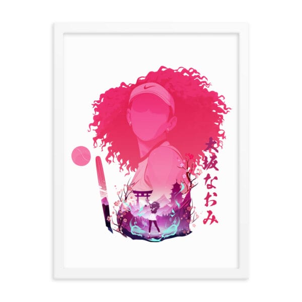 Naomi Osaka framed poster, 18 by 24 inches showing beautiful anime style graphic, white frame