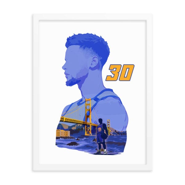 White framed 18 by 24 inches poster of Steph Curry silhouette with the Golden Gate bridge and Curry inside