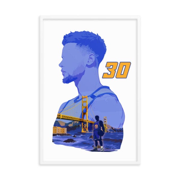 White framed 24 by 36 inches poster of Steph Curry silhouette with the Golden Gate bridge and Curry inside