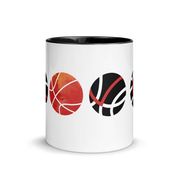 white 11 oz glossy mug with black handle and colour inside, image of four basketballs spelling LOVE with lines on basketball