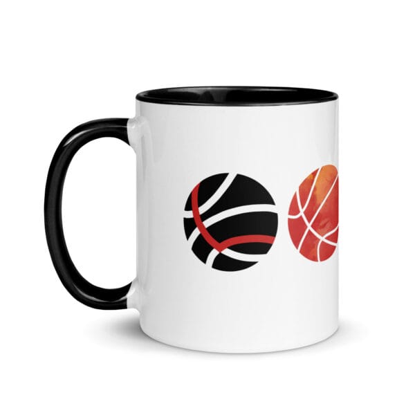 white 11 oz glossy mug with black handle and colour inside, image of four basketballs spelling LOVE with lines on basketball
