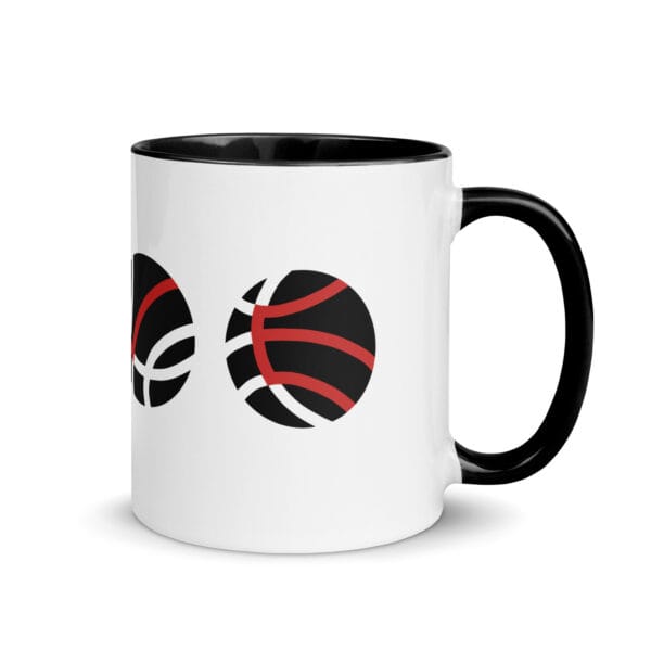 white 11 oz glossy mug with black handle and colour inside, image of four basketballs spelling LOVE with lines on basketball