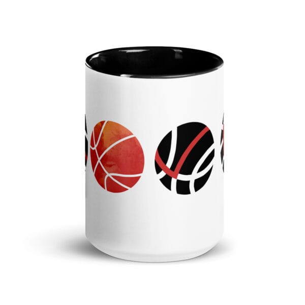 white 15 oz glossy mug with black handle and colour inside, image of four basketballs spelling LOVE with lines on basketball