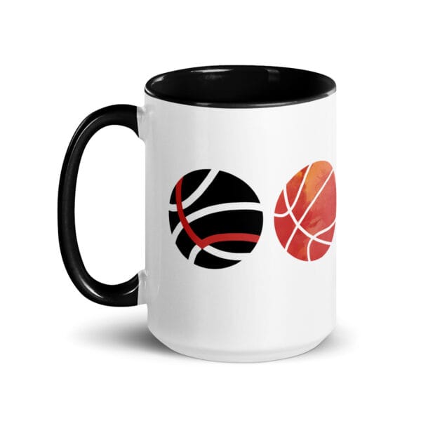 white 15 oz glossy mug with black handle and colour inside, image of four basketballs spelling LOVE with lines on basketball