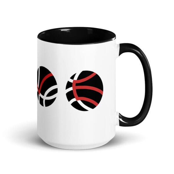 white 15 oz glossy mug with black handle and colour inside, image of four basketballs spelling LOVE with lines on basketball
