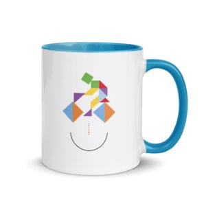white 11 ounce ceramic mug with blue colour inside, colourful graphic of cyclist made from tangram puzzle