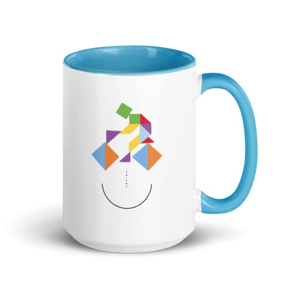 cycling tangram smile mug, 15 ounces white with blue colour inside, colourful image of cyclist from tangram puzzle