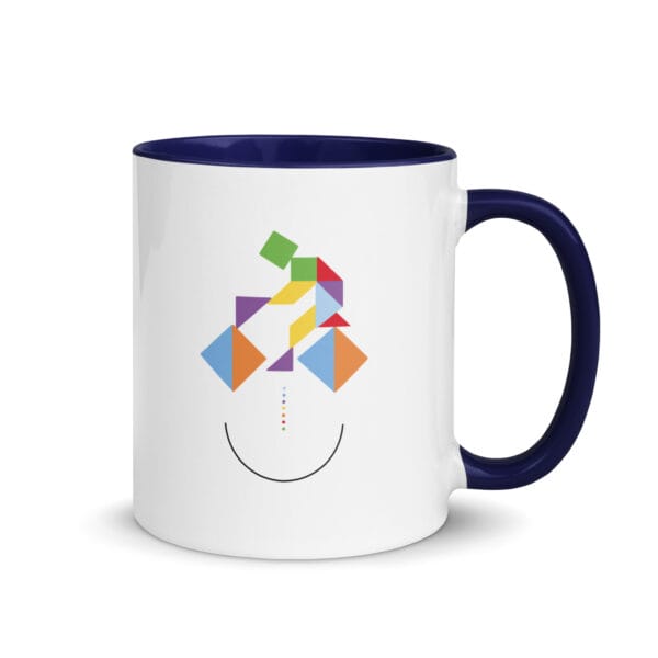 white 11 ounce ceramic mug with dark blue colour inside, colourful graphic of cyclist made from tangram puzzle
