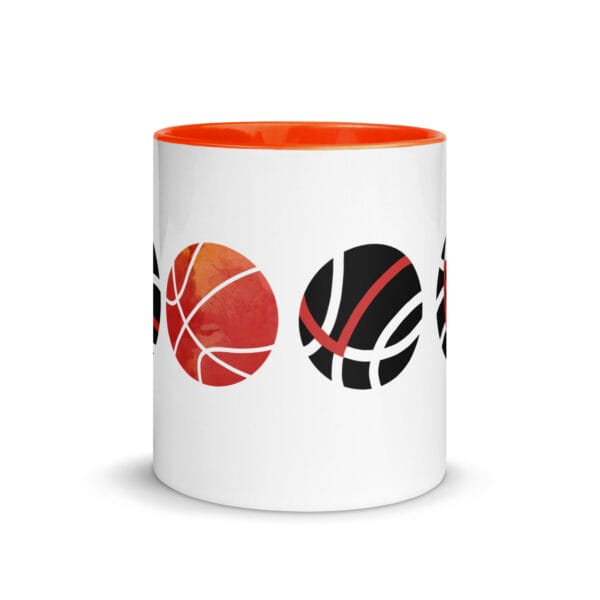 basketball love mug with orange handle and inside, image spells LOVE with lines on basketballs