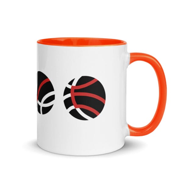 basketball love mug with orange handle and inside, image spells LOVE with lines on basketballs