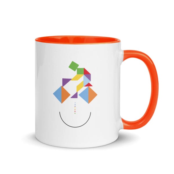 cycling tangram smile mug, 11 ounces white with orange colour inside, colourful image of cyclist from tangram puzzle