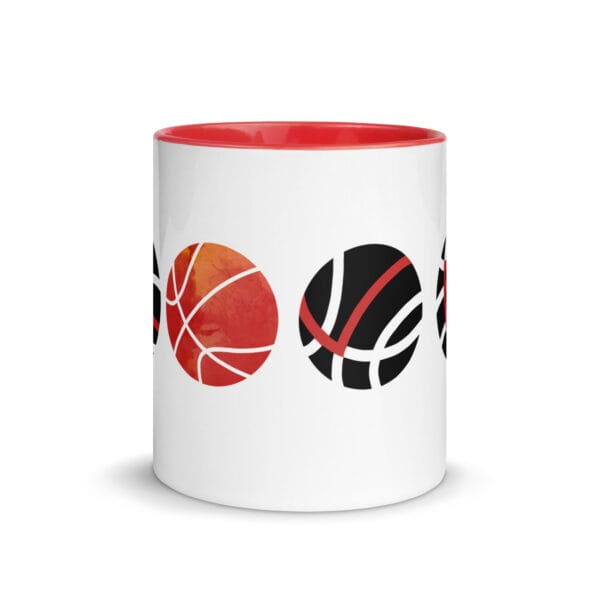 white 11 oz glossy mug with red handle and colour inside, image of four basketballs spelling LOVE with lines on basketball