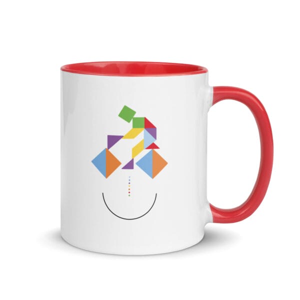 cycling tangram smile mug, 11 ounces white with blue colour inside, colourful image of cyclist from tangram puzzle