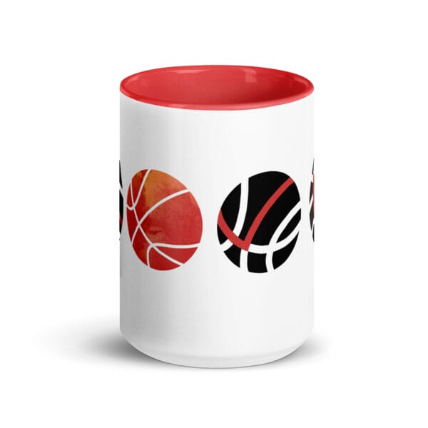 white 15 oz glossy mug with red handle and colour inside, image of four basketballs spelling LOVE with lines on basketball