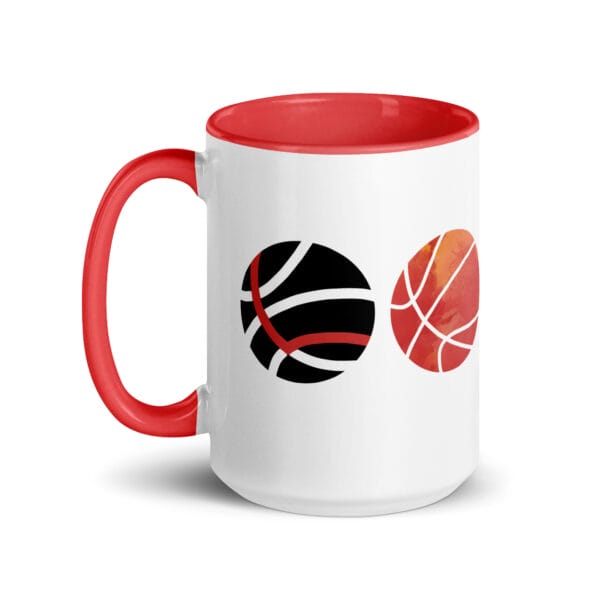 white 15 oz glossy mug with red handle and colour inside, image of four basketballs spelling LOVE with lines on basketball