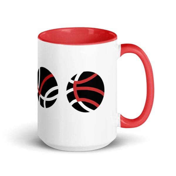 white 15 oz glossy mug with red handle and colour inside, image of four basketballs spelling LOVE with lines on basketball