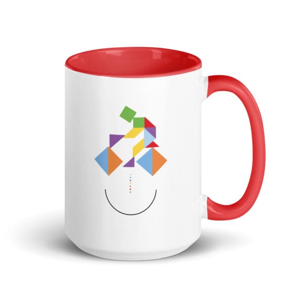 cycling tangram smile mug, 15 ounces white with red colour inside, colourful image of cyclist from tangram puzzle