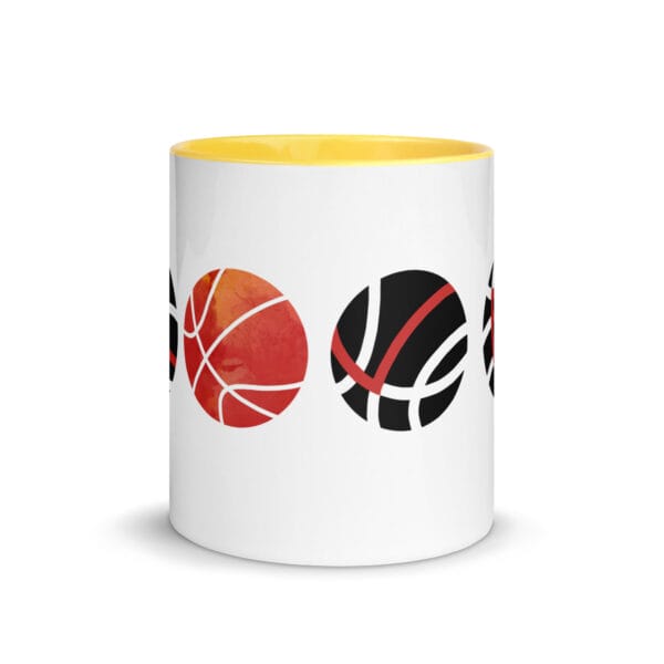 basketball love mug with yellow handle and inside, image spells LOVE with lines on basketballs