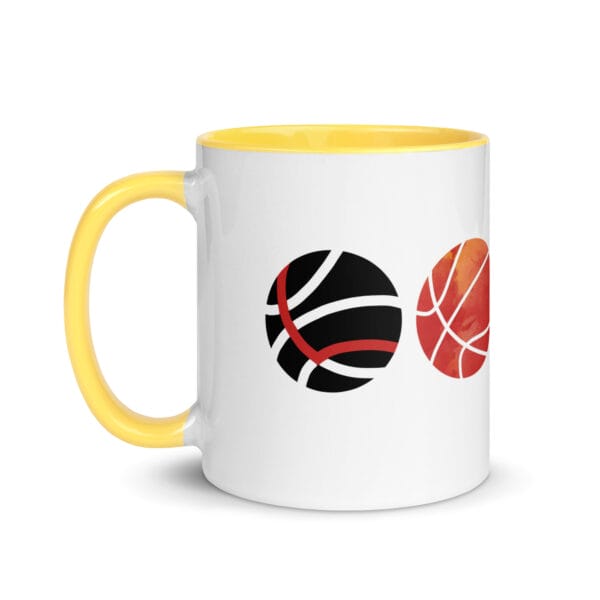basketball love mug with yellow handle and inside, image spells LOVE with lines on basketballs