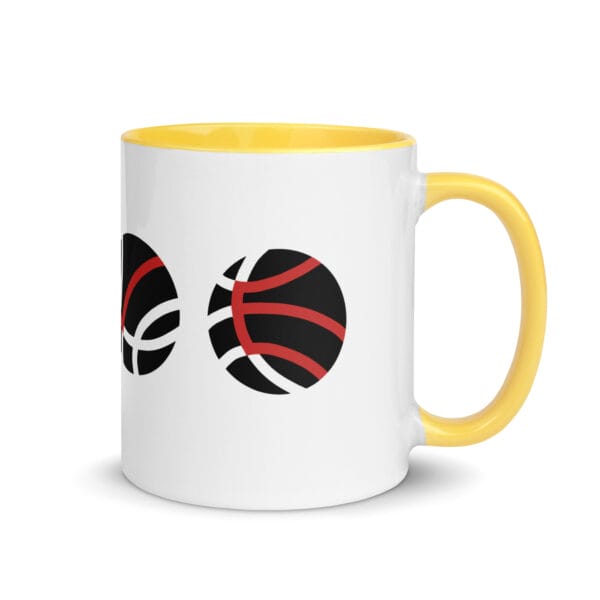 basketball love mug with yellow handle and inside, image spells LOVE with lines on basketballs