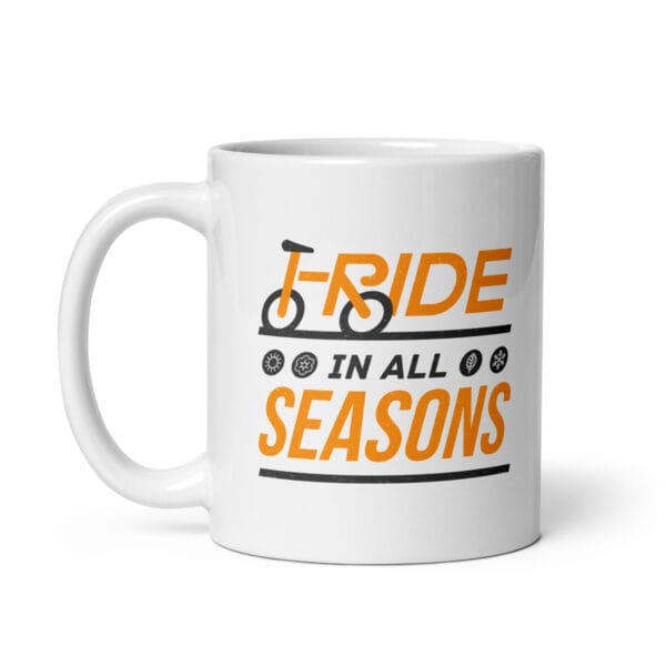 white glossy 11oz mug with seasonal icons and text saying 'I ride in all seasons'