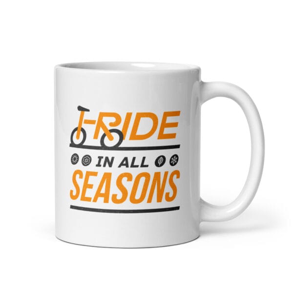 white glossy 11oz mug with seasonal icons and text saying 'I ride in all seasons'