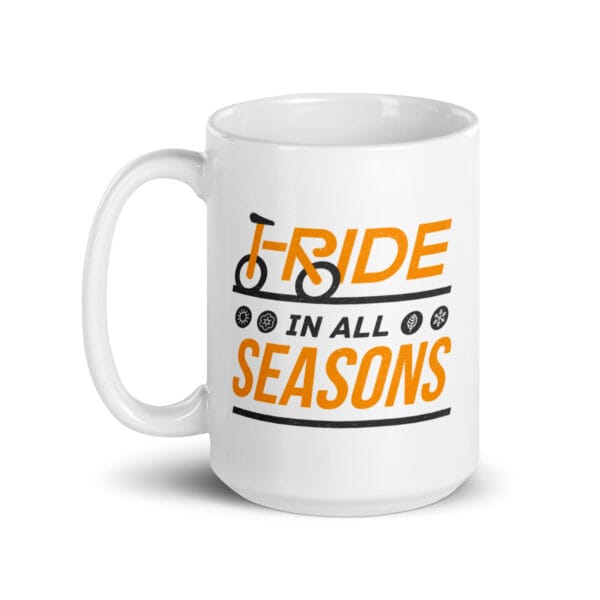 I ride in all seasons white glossy 15oz mug with seasonal icons and text, with bike created