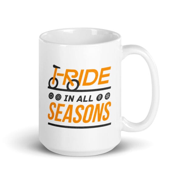 I ride in all seasons white glossy 15oz mug with seasonal icons and text, with bike created