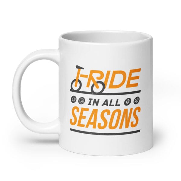 I ride in all seasons white glossy 20oz mug with seasonal icons and text, with bike created