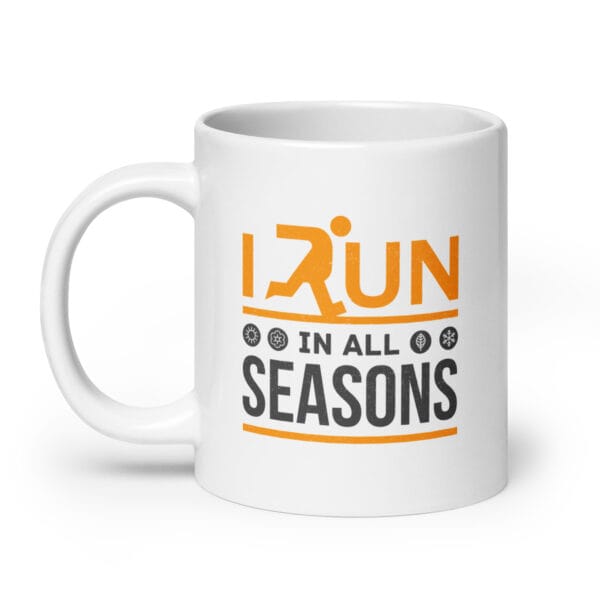 white 20 ounce glossy runners mug with text 'I run in all seasons' with four seasonal icons