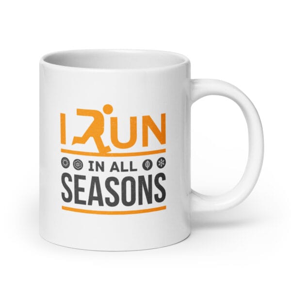 white 20 ounce glossy runners mug with text 'I run in all seasons' with four seasonal icons