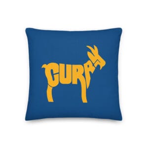 blue 18 by 18 inches Steph Curry premium pillow with large text 'Curry' in yellow forming a goat silhouette