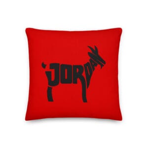 red michael jordan premium pillow, 18 by 18 inches, with black text 'Jordan' forming a goat silhouette