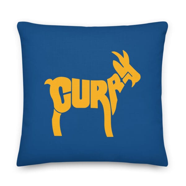 blue 22 by 22 inches Steph Curry premium pillow with large text 'Curry' in yellow forming a goat silhouette