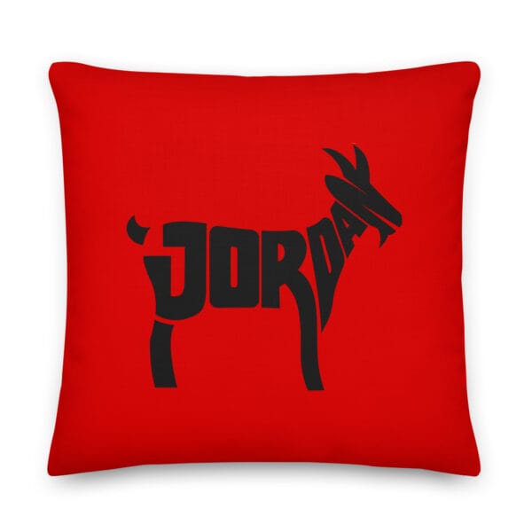 red michael jordan premium pillow, 22 by 22 inches, with black text 'Jordan' forming a goat silhouette