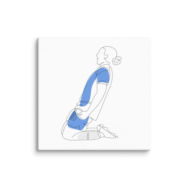 white square 12 by 12 inches canvas with line drawing of Lauren James celebration, sliding on knees with bits of blue colour