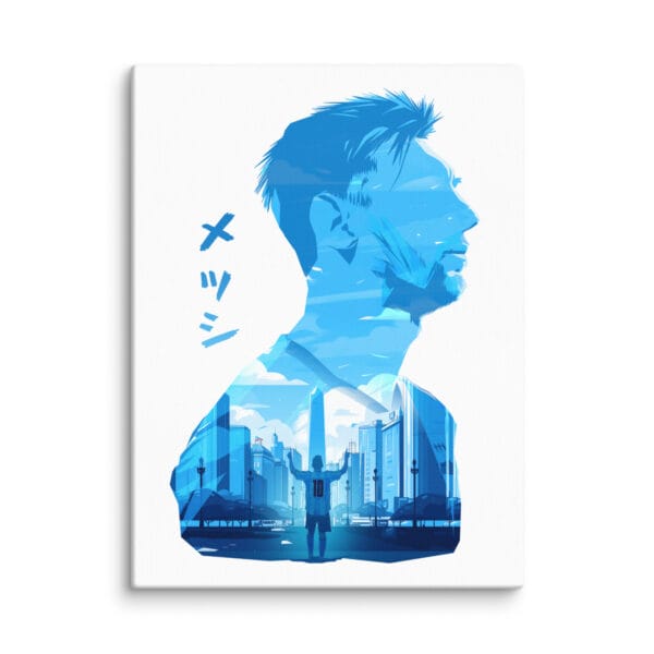 white 12 by 16 inches Lionel Messi portrait canvas in anime style, with vibrant blue colours of Buenos Aires and Messi celebrating inside body