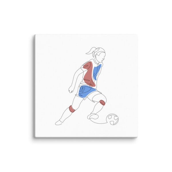 white 16 by 16 inches canvas with line drawing of Alexia Putellas dribbling with splashes of Barcelona colours