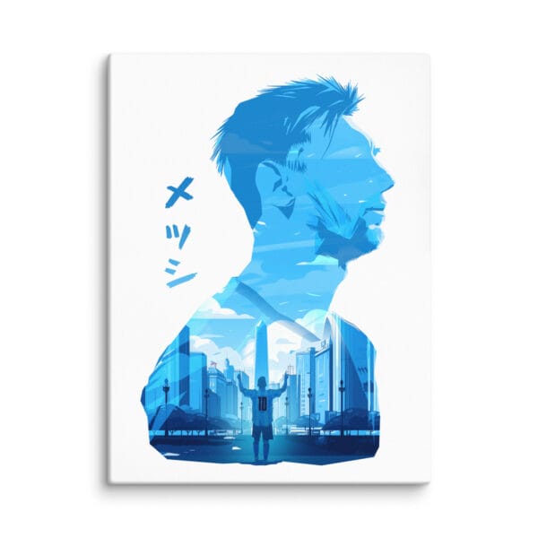 white 18 by 24 inches Lionel Messi portrait canvas in anime style, with vibrant blue colours of Buenos Aires and Messi celebrating inside body